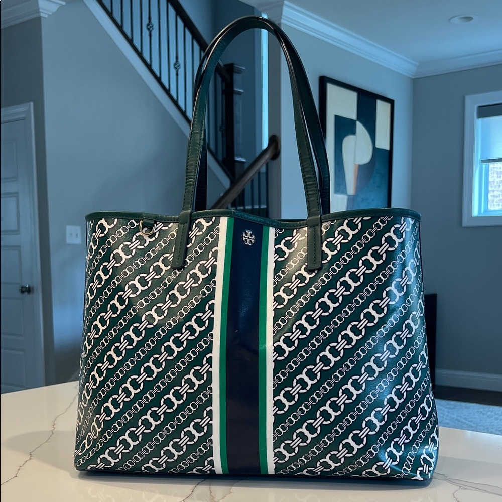 Tory Burch Gemini Link Tote Green Navy White